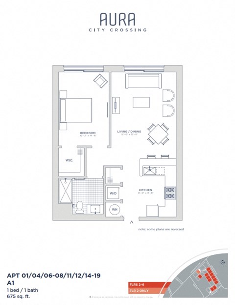 Floor plan for 1 bed, 1 bath, 675 sqft